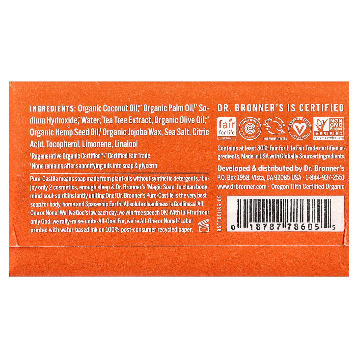 Dr. Bronner's, All-One Pure-Castile Magic Bar Soap, Tea Tree, 5 oz (140 g)