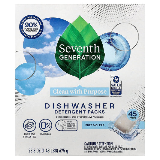 Seventh Generation, Dishwasher Detergent Packs, Free & Clear, 45 Packs, 23.8 oz (675 g)