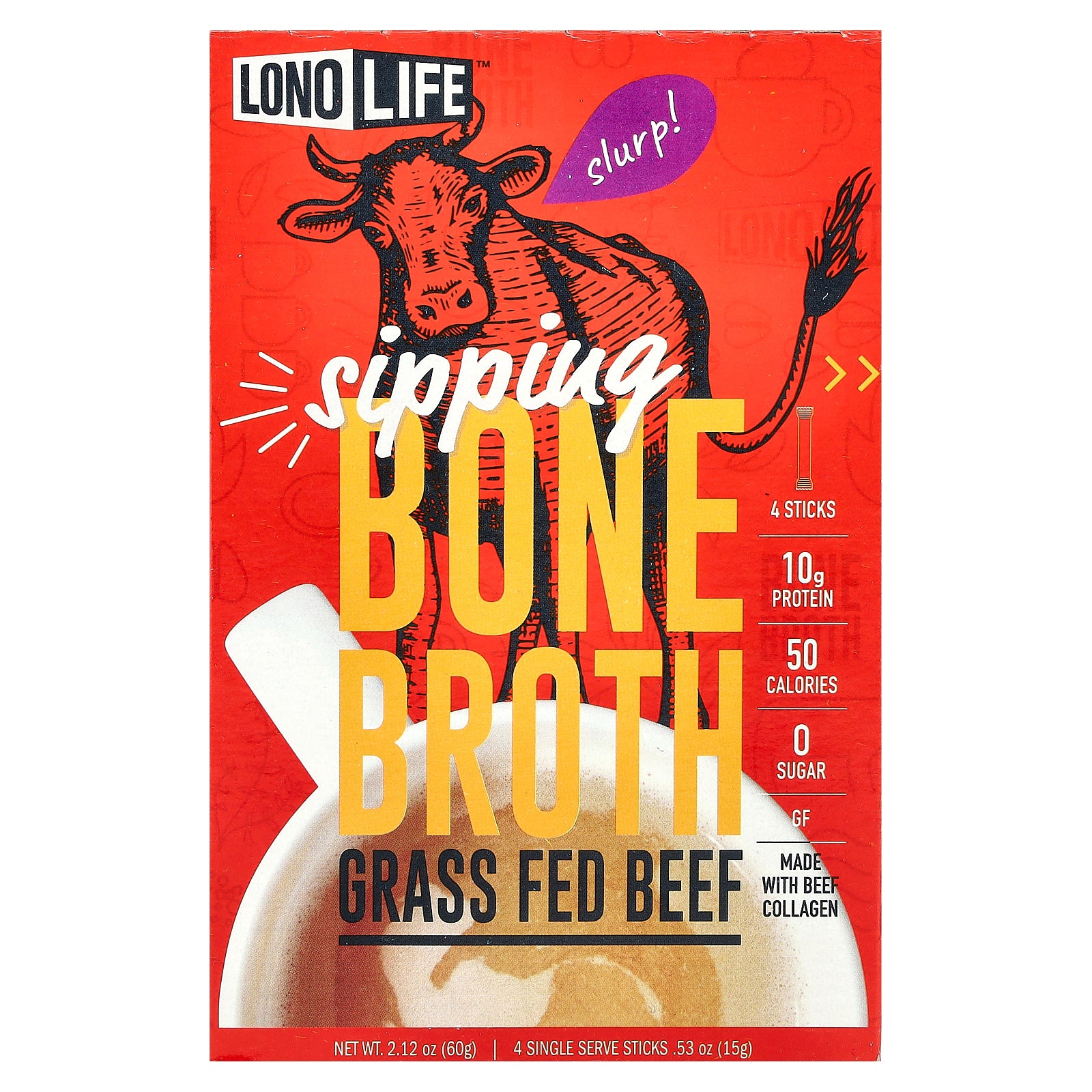 Lonolife, Sipping Bone Broth, Grass Fed Beef, 4 Single Serve Stick Packs, 0.53 oz (15 g) Each
