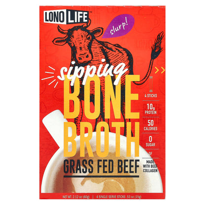 Lonolife, Sipping Bone Broth, Grass Fed Beef, 4 Single Serve Stick Packs, 0.53 oz (15 g) Each
