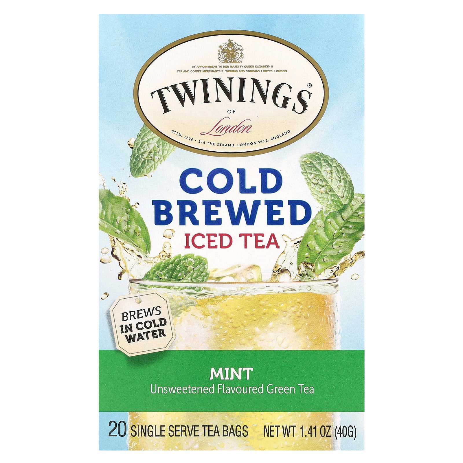 Twinings, Cold Brewed Iced Tea, Green Tea, Unsweetened, Mint, 20 Single Serve Tea Bags, 1.41 oz (40 g)