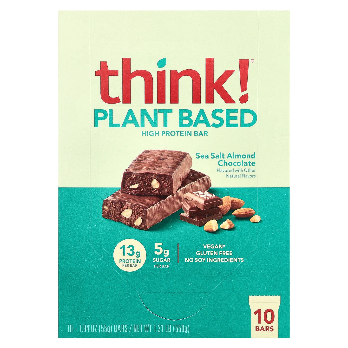 Think !, Plant Based High Protein Bars, Sea Salt Almond Chocolate, 10 Bars, 1.94 oz (55 g) Each