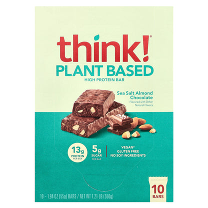Think !, Plant Based High Protein Bars, Sea Salt Almond Chocolate, 10 Bars, 1.94 oz (55 g) Each