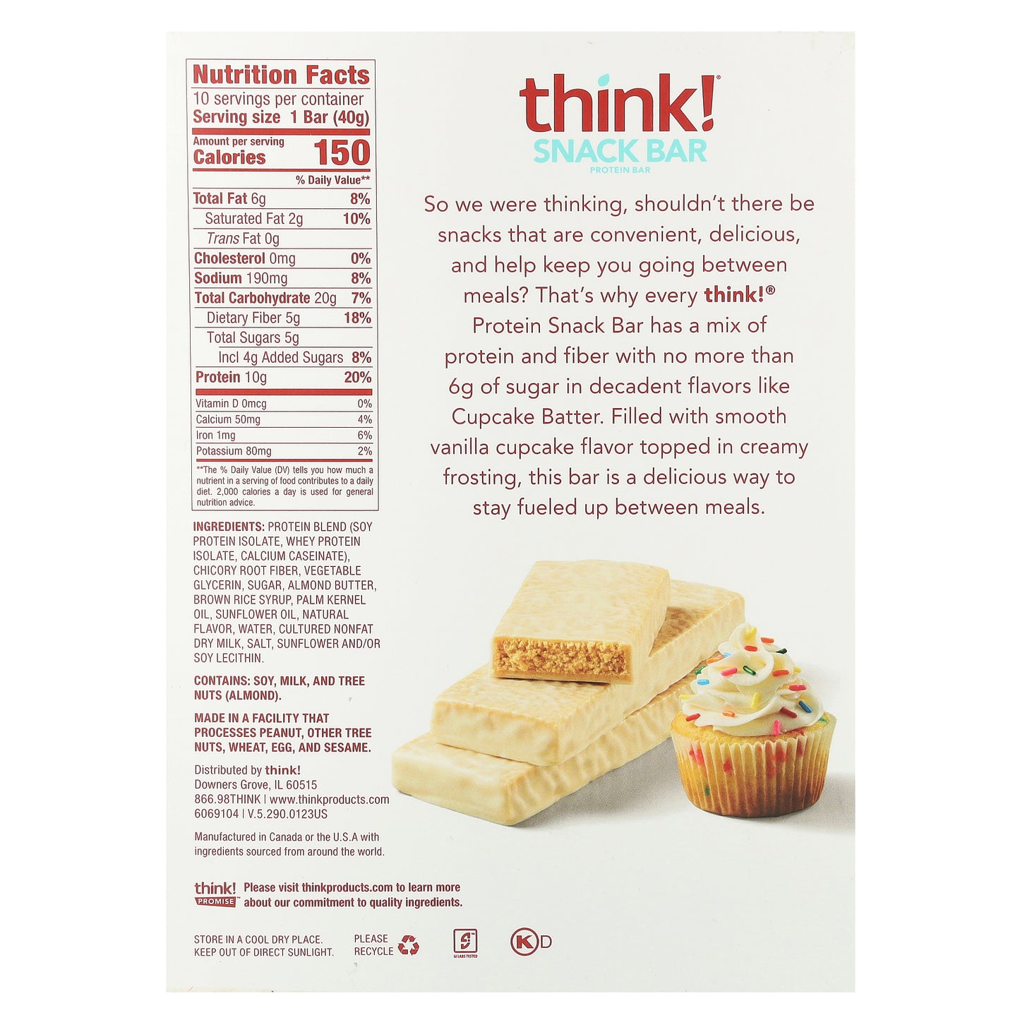 Think !, Snack Protein Bar, Cupcake Batter, 10 Bars, 1.41 oz (40 g) Each
