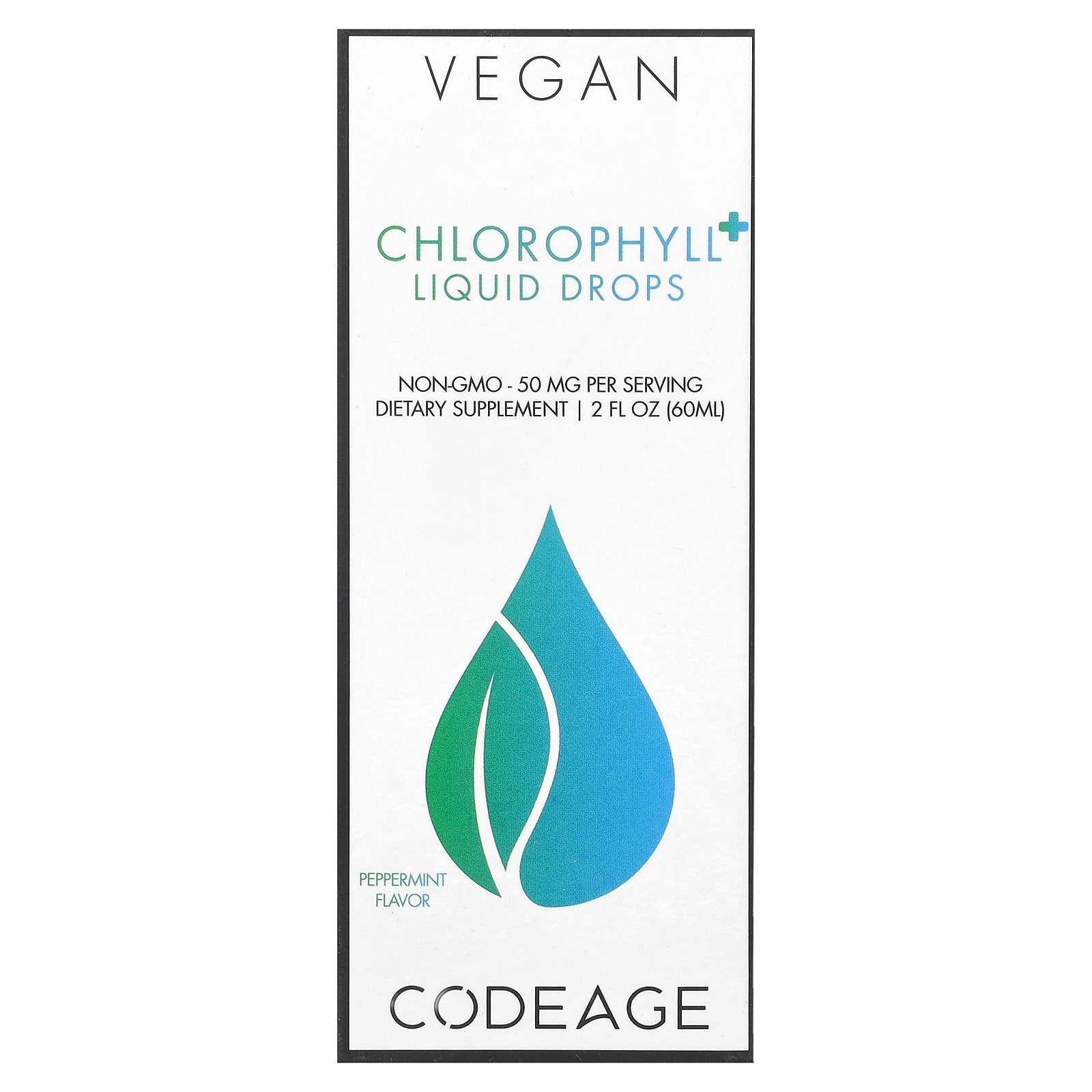 Codeage, Vegan, Chlorophyll+ Liquid Drops, Peppermint, 50 mg, 2 fl oz (60 ml)