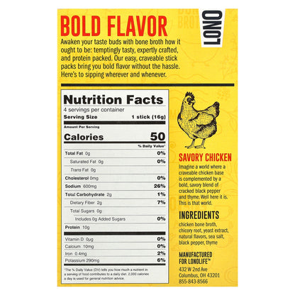 Lonolife, Sipping Bone Broth, Savory Chicken, 4 Single Serve Sticks, 0.56 oz (16 g) Each