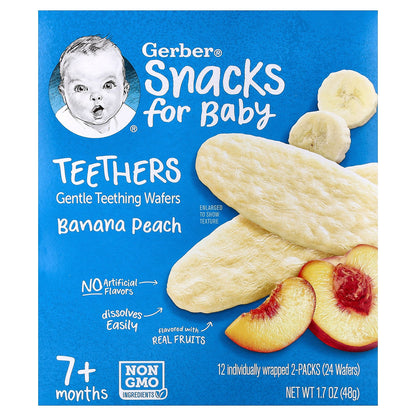 Gerber, Snacks for Baby, Teethers, Gentle Teething Wafers, 7+ Months, Banana Peach, 12 Individually Wrapped 2-Packs, 2 Wafers Each