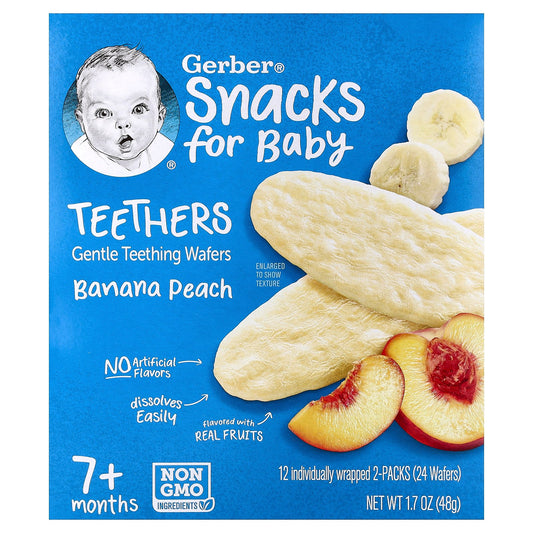 Gerber, Snacks for Baby, Teethers, Gentle Teething Wafers, 7+ Months, Banana Peach, 12 Individually Wrapped 2-Packs, 2 Wafers Each