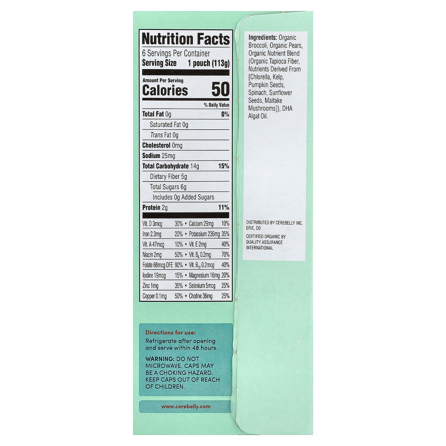 Cerebelly, Organic Puree, 6+ Months, Broccoli Pear, 6 Pouches, 4 oz (113 g) Each