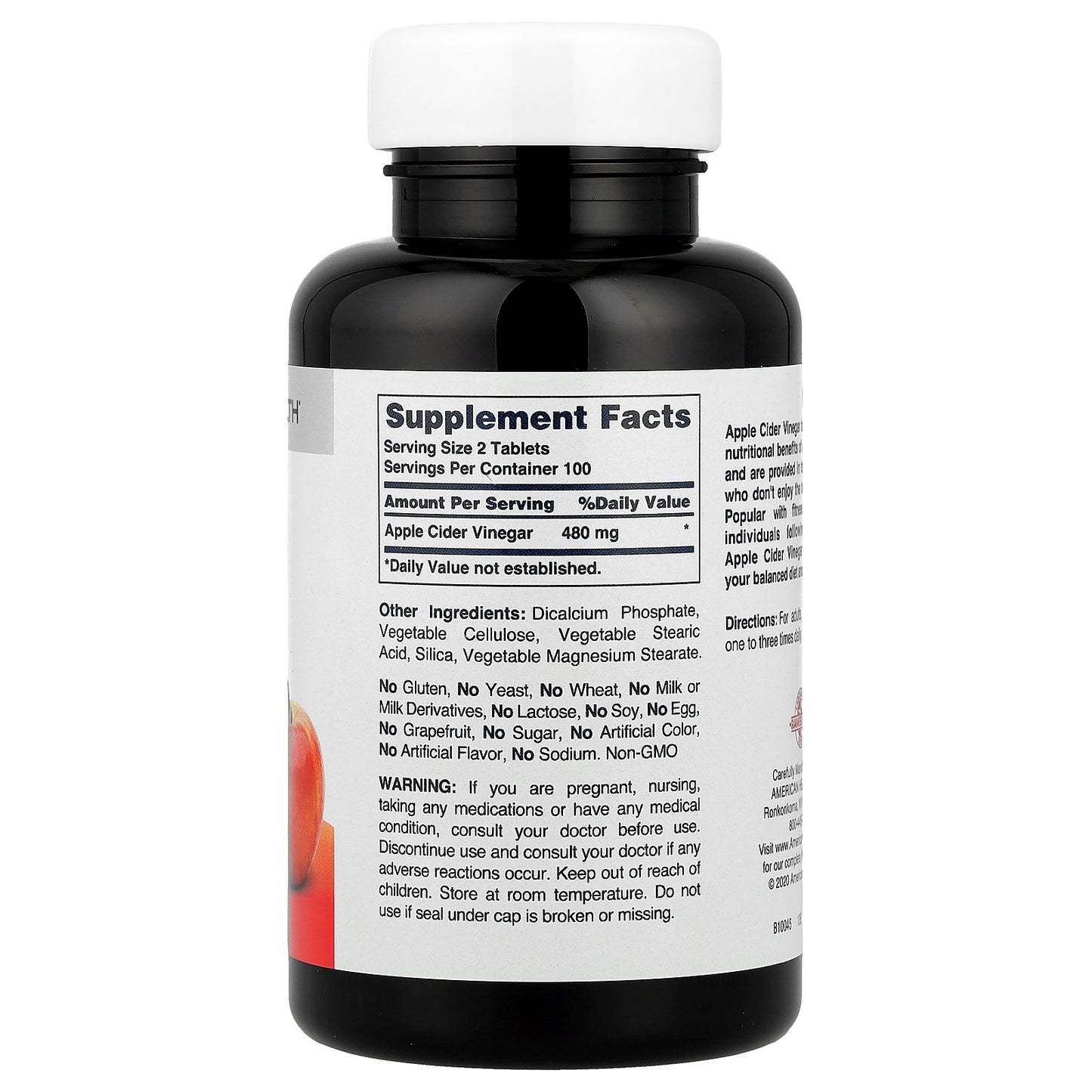 American Health, Apple Cider Vinegar, 200 Tablets (240 mg per Tablet)