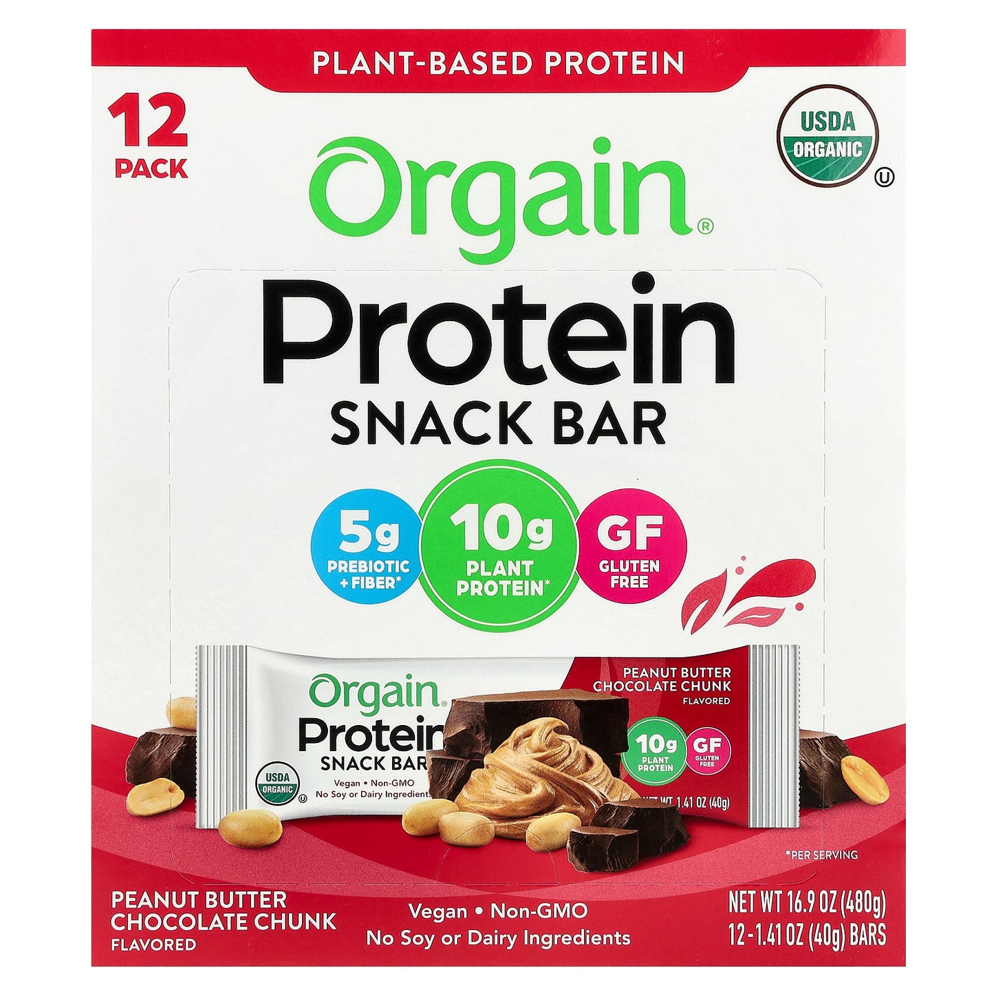 Orgain, Organic Plant-Based Protein Snack Bar, Peanut Butter Chocolate Chunk, 12 Bars, 1.41 oz (40 g) Each