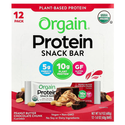 Orgain, Organic Plant-Based Protein Snack Bar, Peanut Butter Chocolate Chunk, 12 Bars, 1.41 oz (40 g) Each