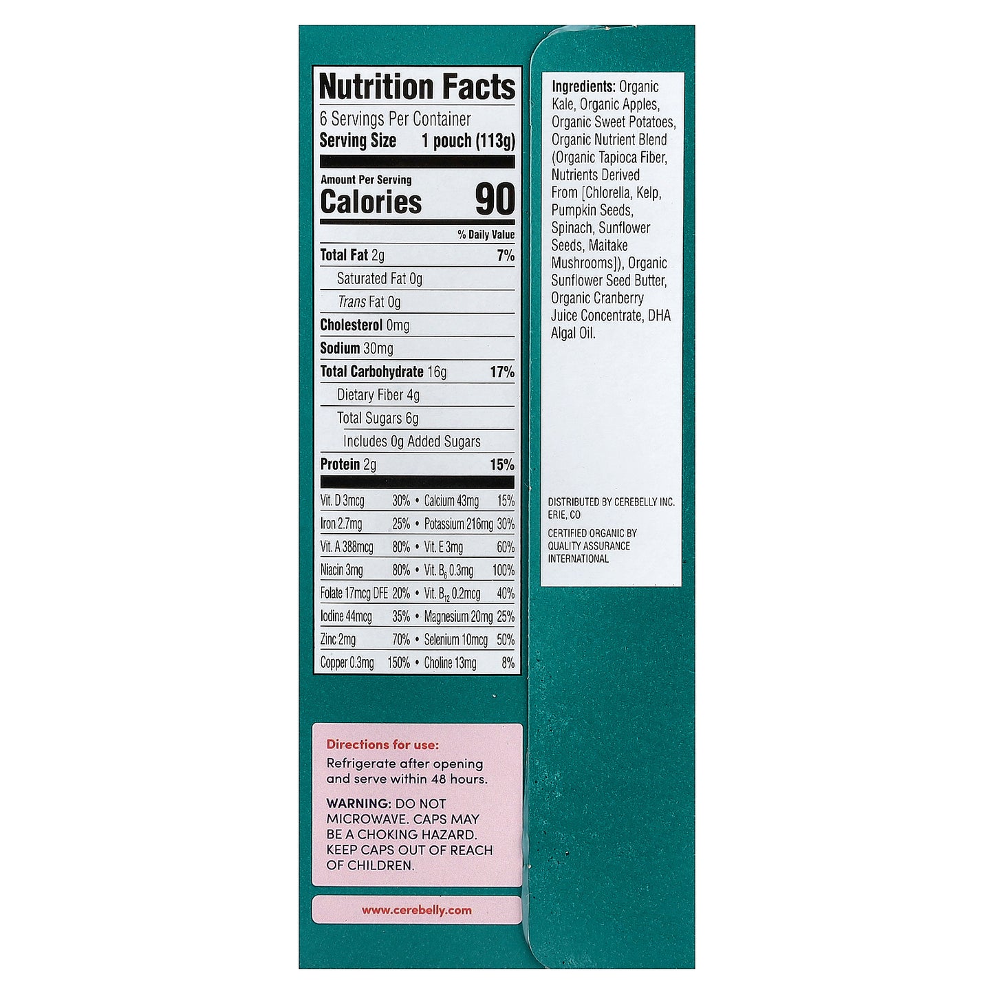 Cerebelly, Organic Puree, 6+ Months, Kale, Sweet Potato, Apple, 6 Pouches, 4 oz (113 g) Each