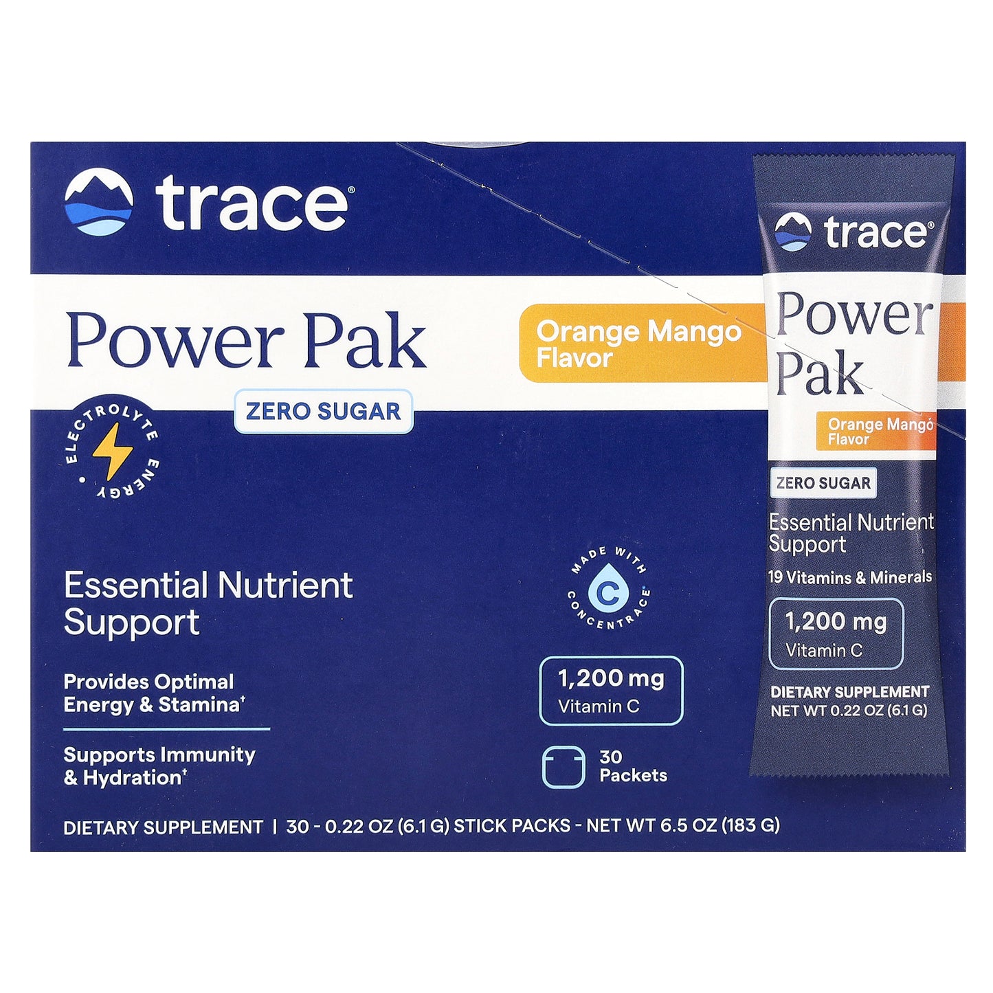 Trace, Power Pak, Zero Sugar, Orange Mango, 30 Packets, 0.22 oz (6.1 g) Each