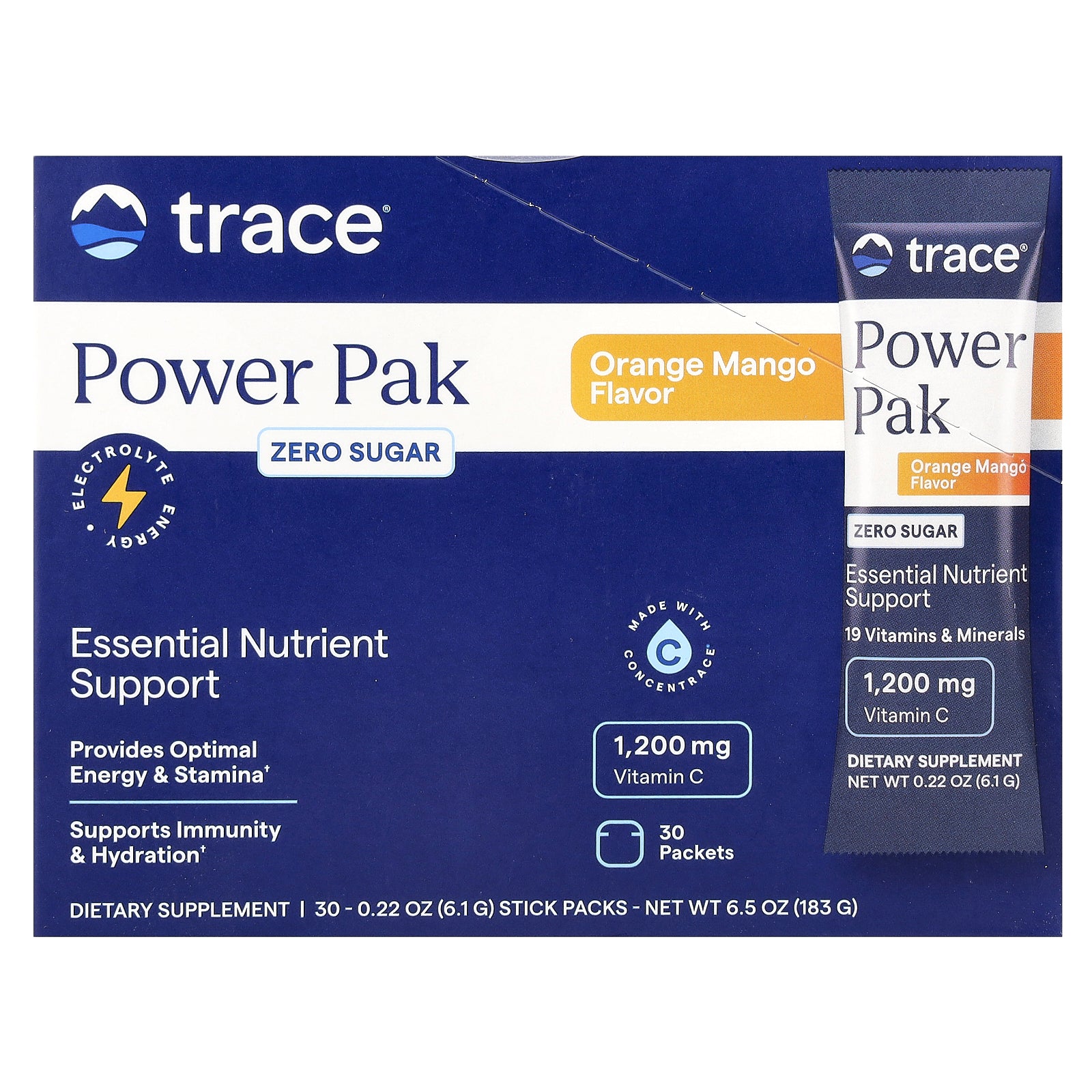 Trace, Power Pak, Zero Sugar, Orange Mango, 30 Packets, 0.22 oz (6.1 g) Each