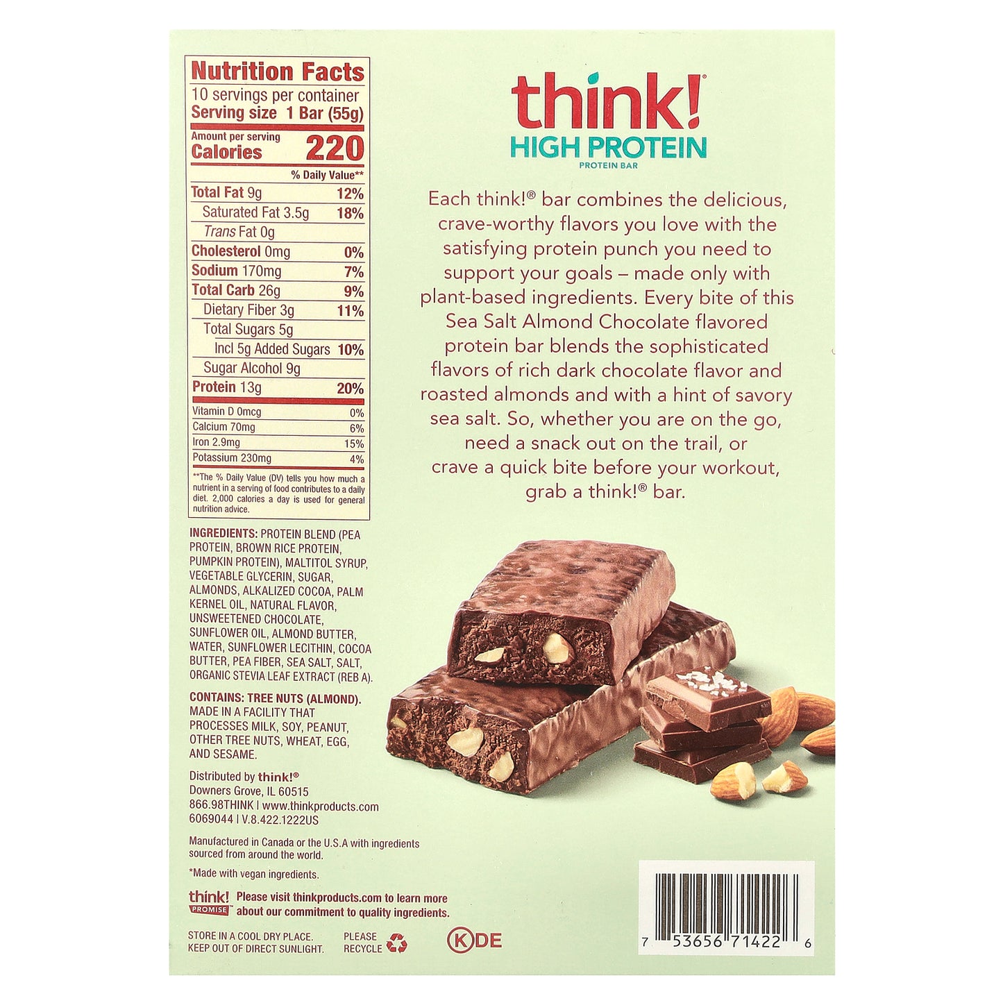 Think !, Plant Based High Protein Bars, Sea Salt Almond Chocolate, 10 Bars, 1.94 oz (55 g) Each