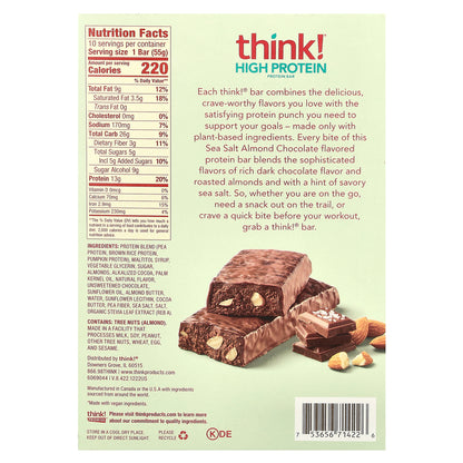 Think !, Plant Based High Protein Bars, Sea Salt Almond Chocolate, 10 Bars, 1.94 oz (55 g) Each