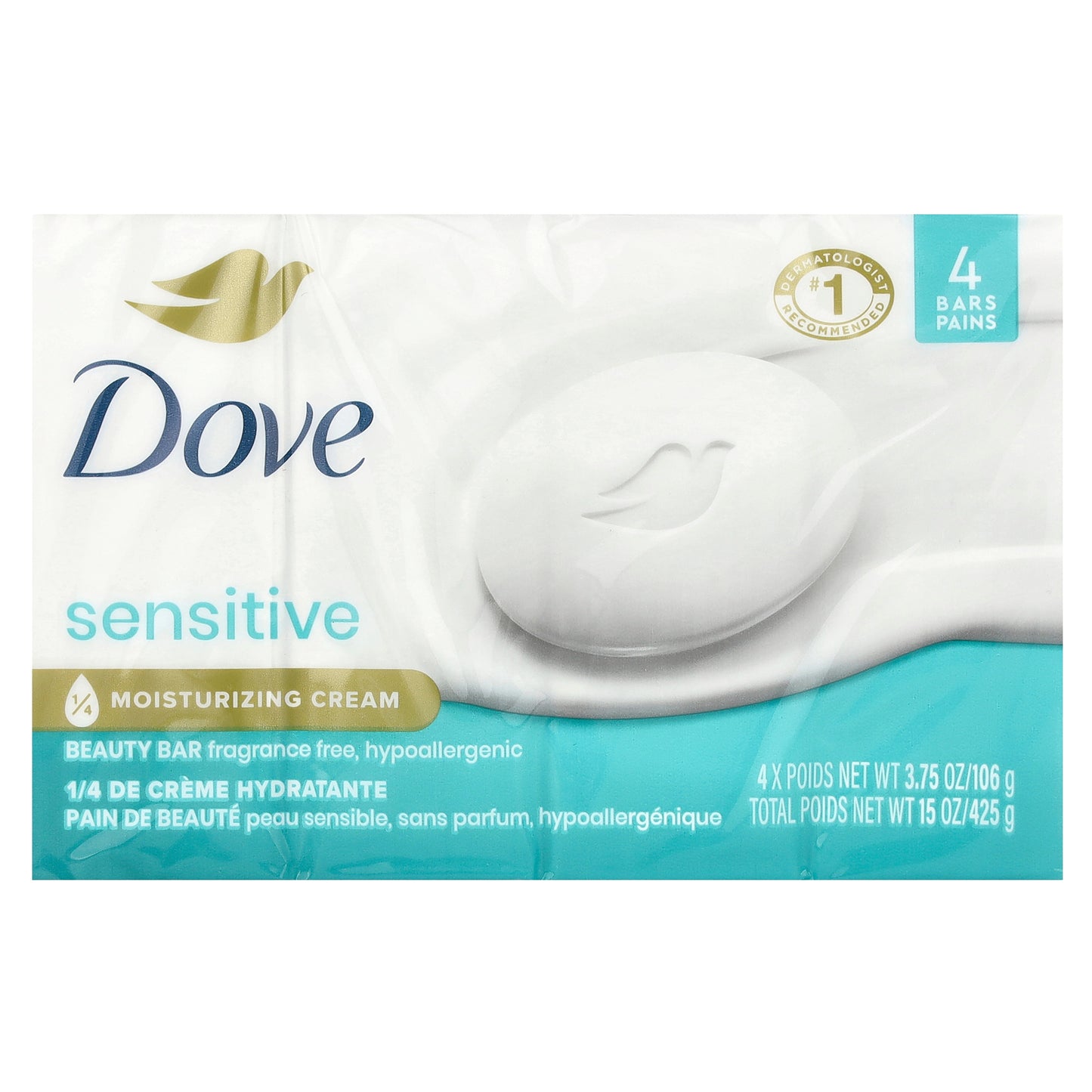 Dove, Beauty Bar Soap, Sensitive Skin, Fragrance Free, 4 Bars, 3.75 oz (106 g) Each