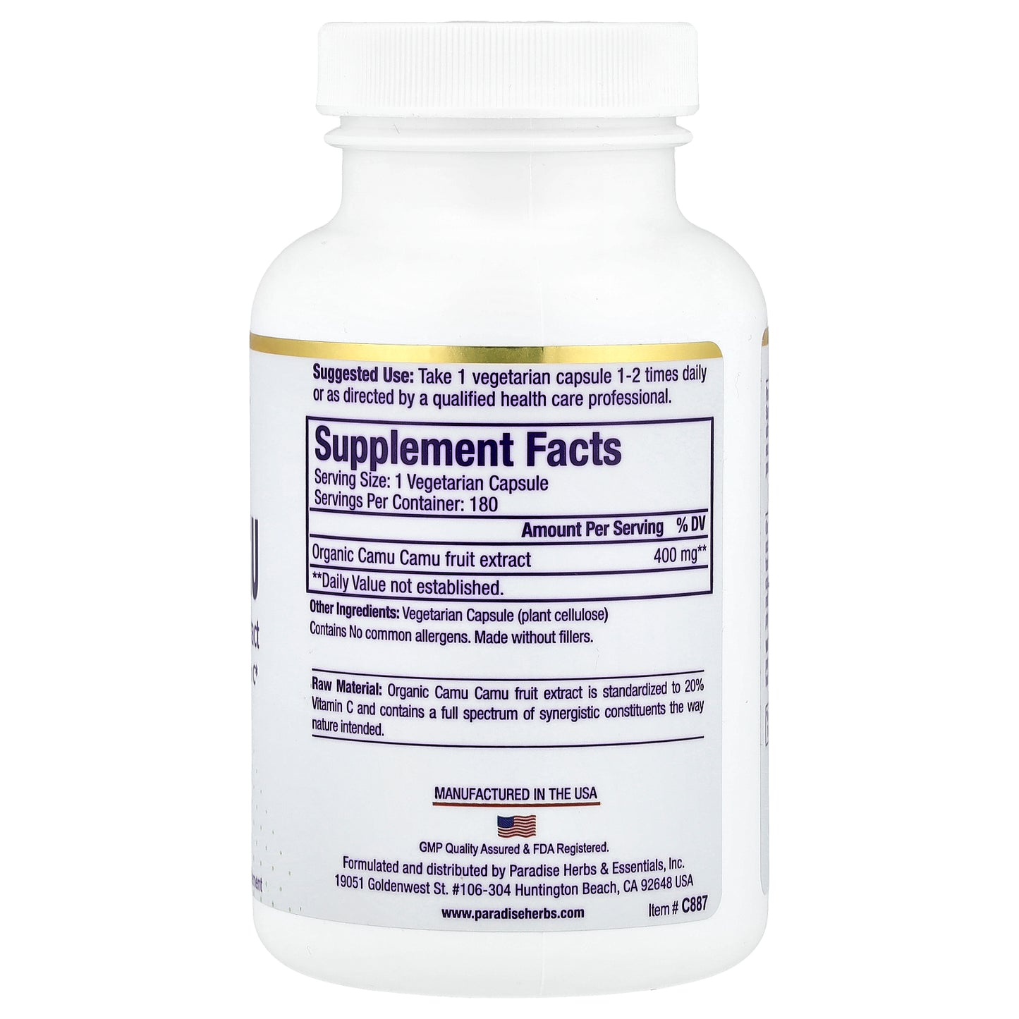 Paradise Herbs, Camu Camu Premium Extract, 400 mg, 180 Vegetarian Capsules