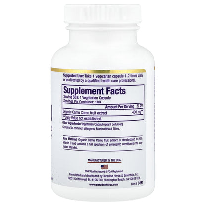 Paradise Herbs, Camu Camu Premium Extract, 400 mg, 180 Vegetarian Capsules