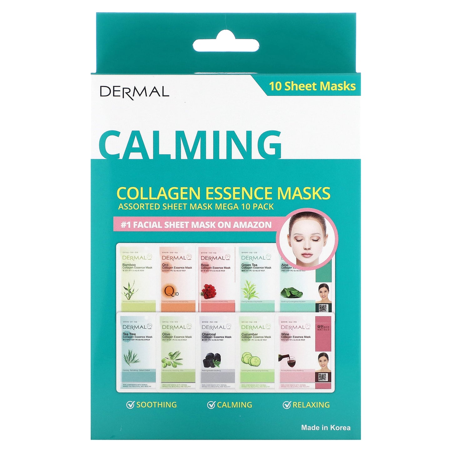 Dermal, Collagen Essence Beauty Masks, Calming, Assorted, 10 Sheets, 0.81 oz (23 g) Each