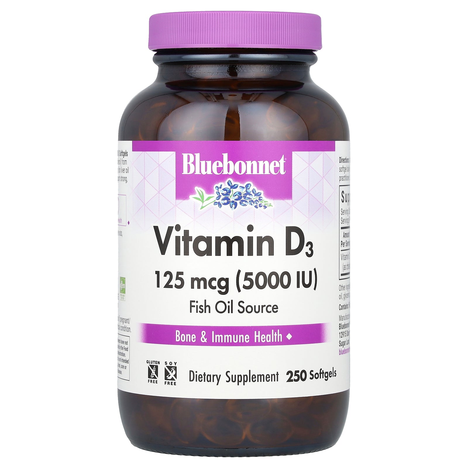 Bluebonnet Nutrition, Vitamin D3, 125 mcg (5000 IU), 250 Softgels