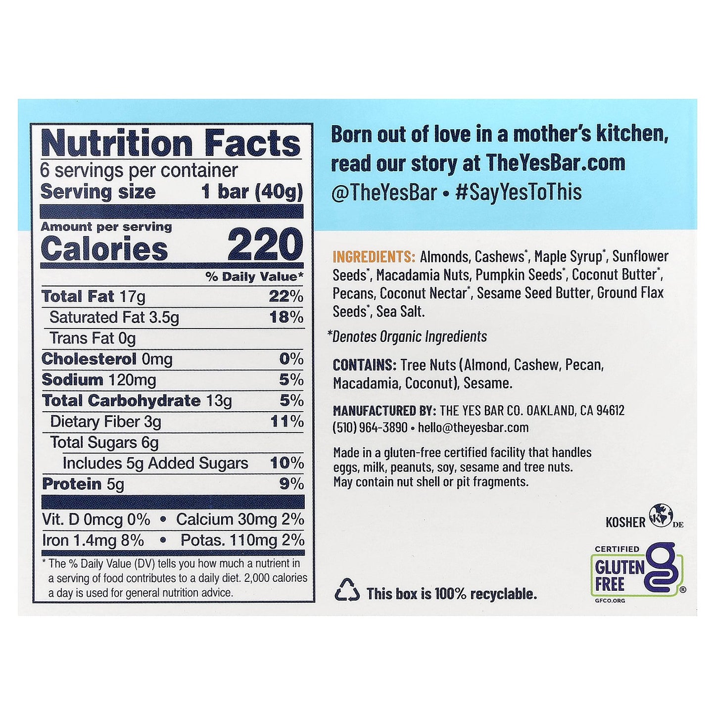 Yes Bar, Snack Bars, Salted Maple Pecan, 6 Bars, 1.4 oz (40 g) Each