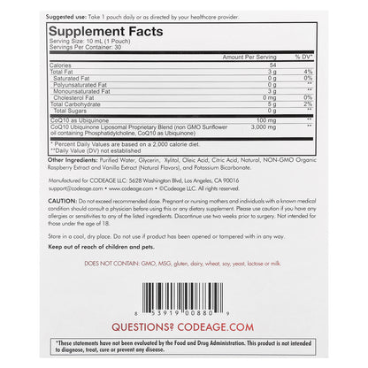 Codeage, Nanofood, Wonder Heart, Liposomal CoQ10, Raspberry, 30 Pouches, 0.3 fl oz (10 ml) Each