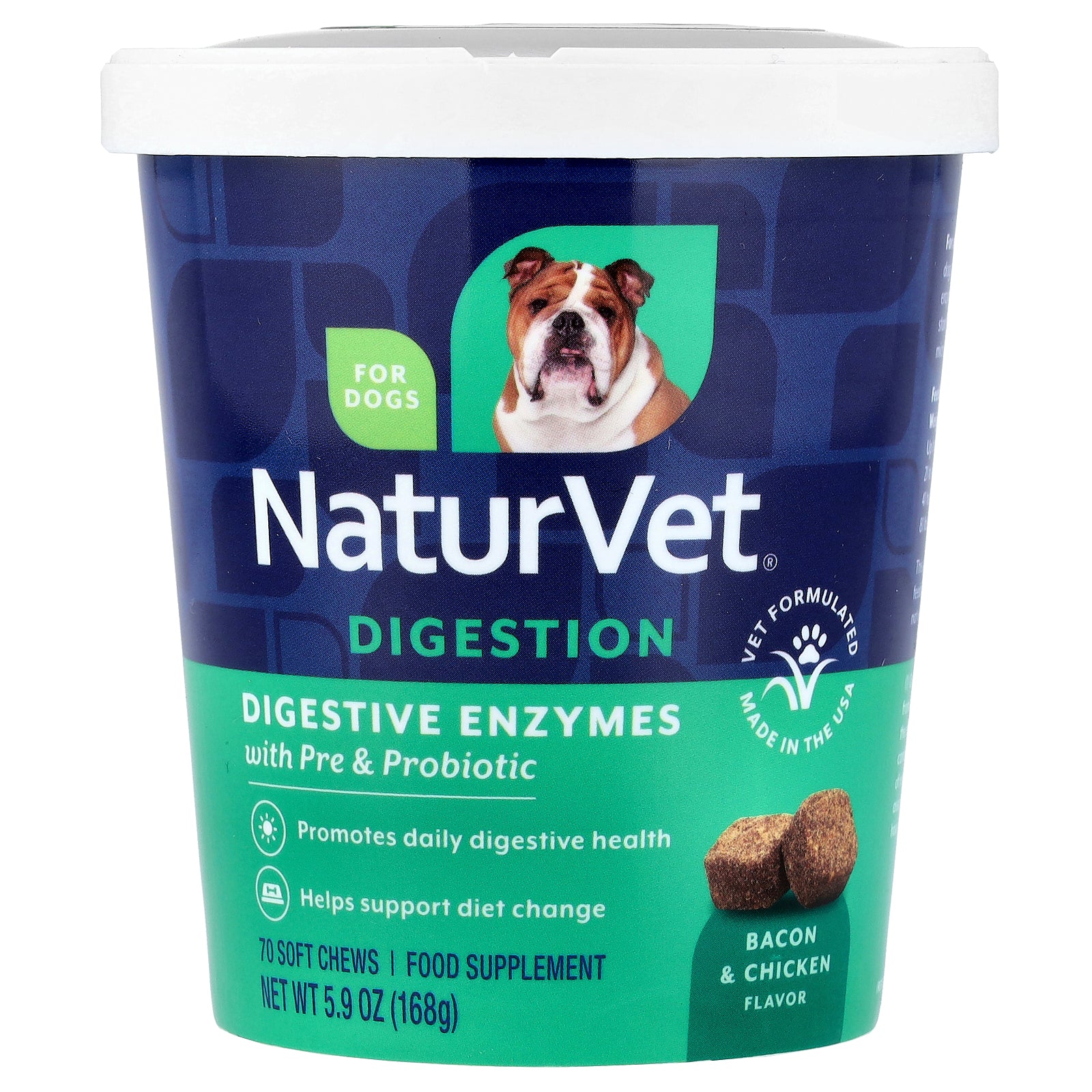 NaturVet, Digestive Enzymes With Pre and Probiotic, For Dogs, Bacon & Chicken, 70 Soft Chews, 5.9 oz (168 g)