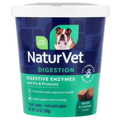 NaturVet, Digestive Enzymes With Pre and Probiotic, For Dogs, Bacon & Chicken, 70 Soft Chews, 5.9 oz (168 g)