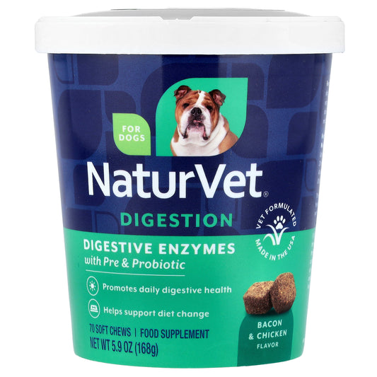 NaturVet, Digestive Enzymes With Pre and Probiotic, For Dogs, Bacon & Chicken, 70 Soft Chews, 5.9 oz (168 g)
