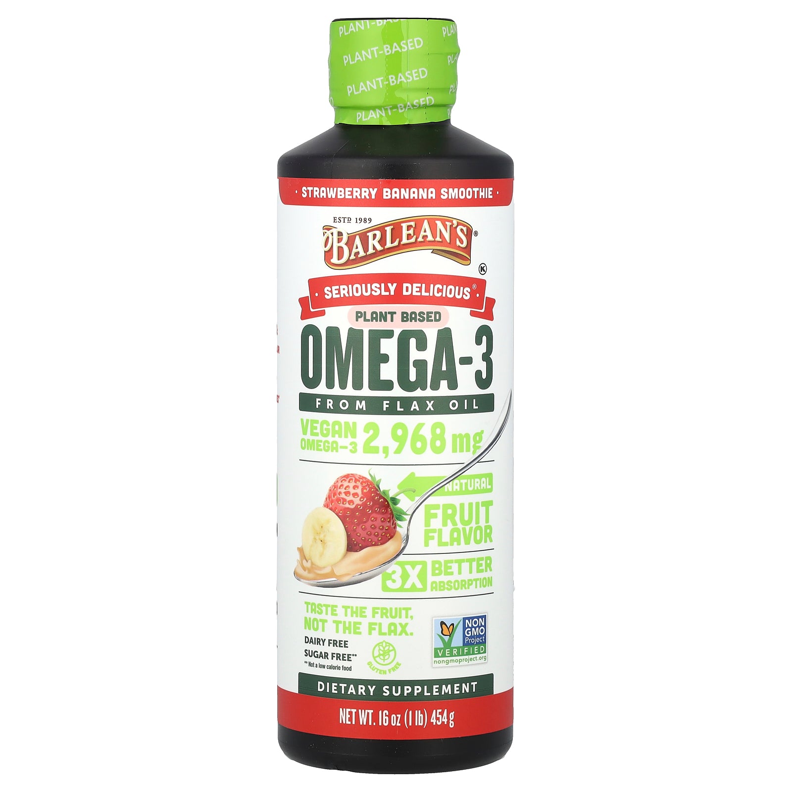 Barlean's, Seriously Delicious®, Omega-3 From Flax Oil, Strawberry Banana Smoothie, 2,968 mg, 16 oz (454 g)