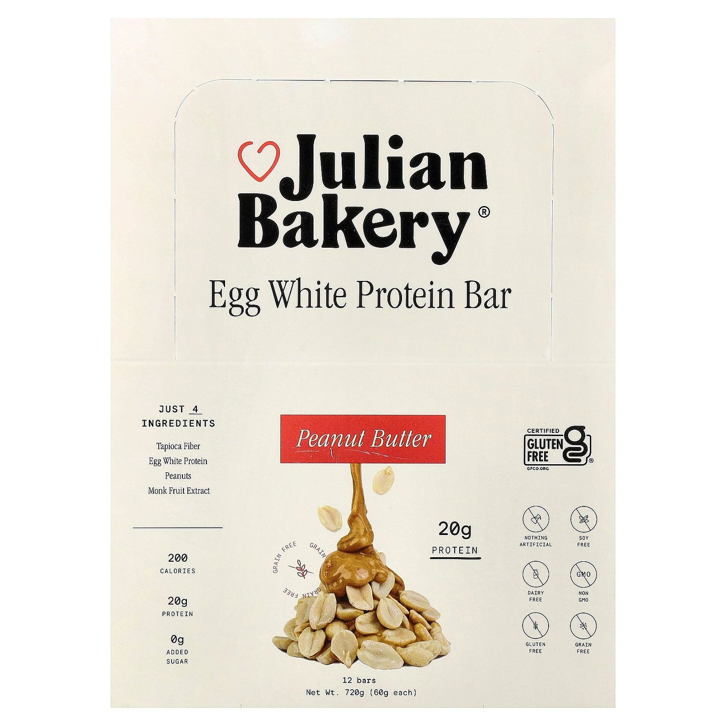 Julian Bakery, Egg White Protein Bar, Peanut Butter, 12 Bars, 2.1 oz (60 g) Each
