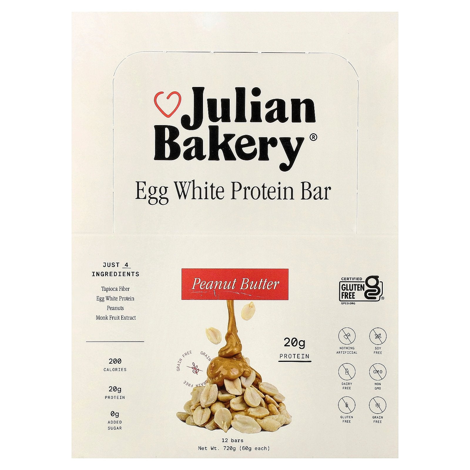 Julian Bakery, Egg White Protein Bar, Peanut Butter, 12 Bars, 2.1 oz (60 g) Each