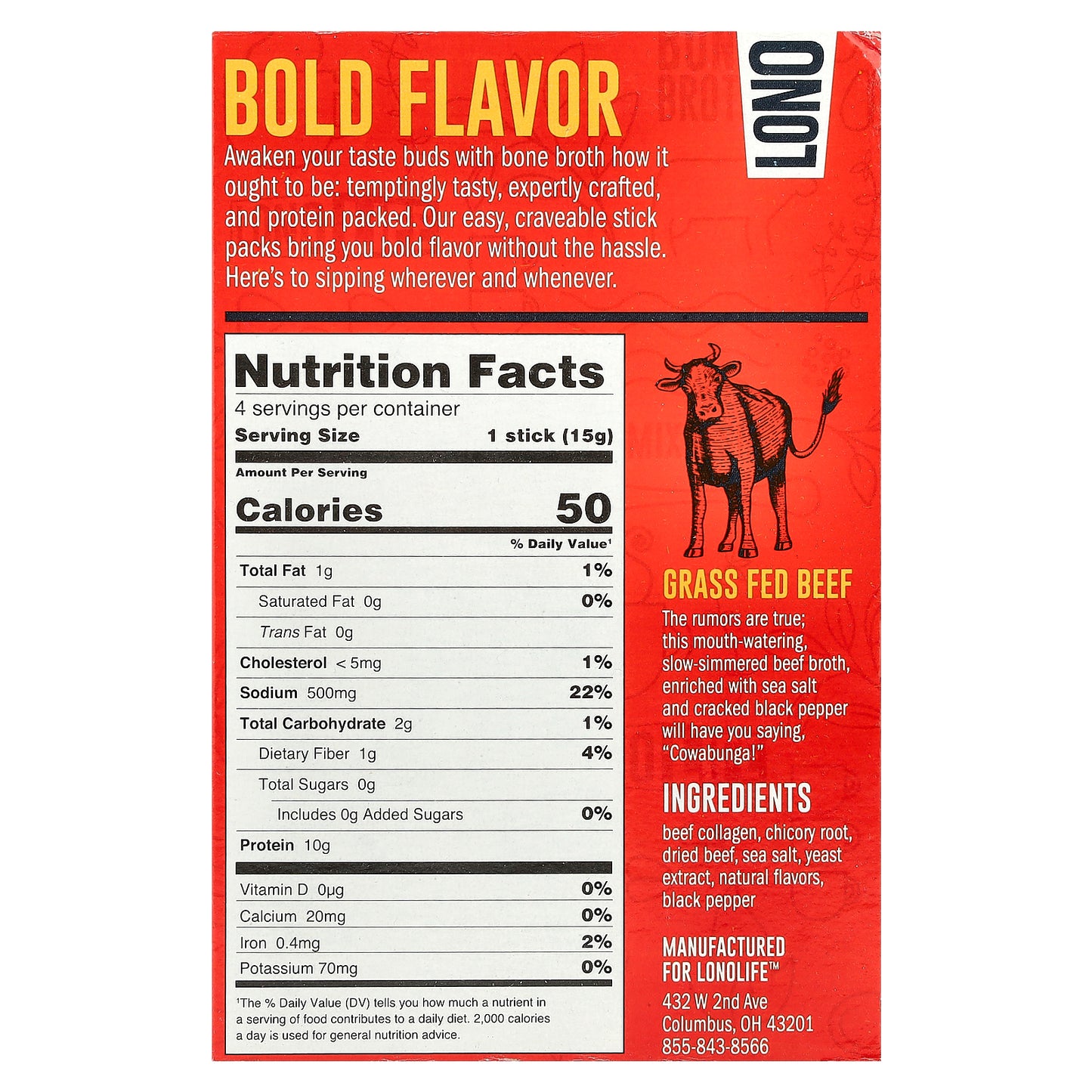 Lonolife, Sipping Bone Broth, Grass Fed Beef, 4 Single Serve Stick Packs, 0.53 oz (15 g) Each