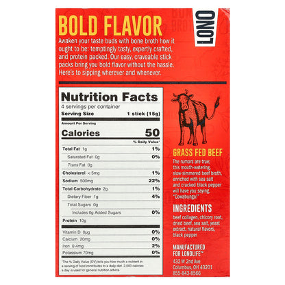 Lonolife, Sipping Bone Broth, Grass Fed Beef, 4 Single Serve Stick Packs, 0.53 oz (15 g) Each