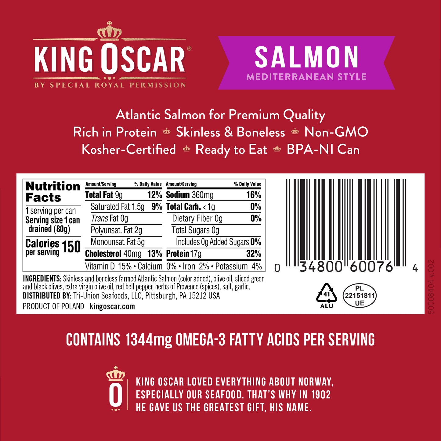 King Oscar, Skinless & Boneless Salmon in Olive Oil, Mediterranean Style, 4.05 oz (115 g)