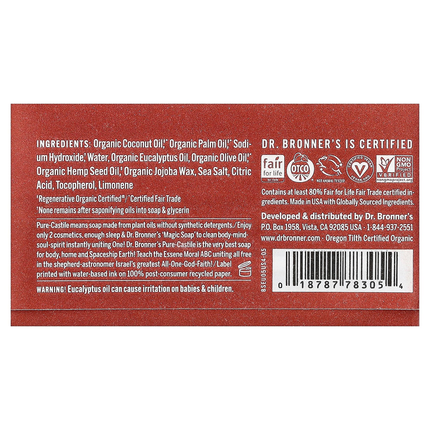 Dr. Bronner's, All-One Pure-Castile Magic Bar Soap, Eucalyptus, 5 oz (140 g)