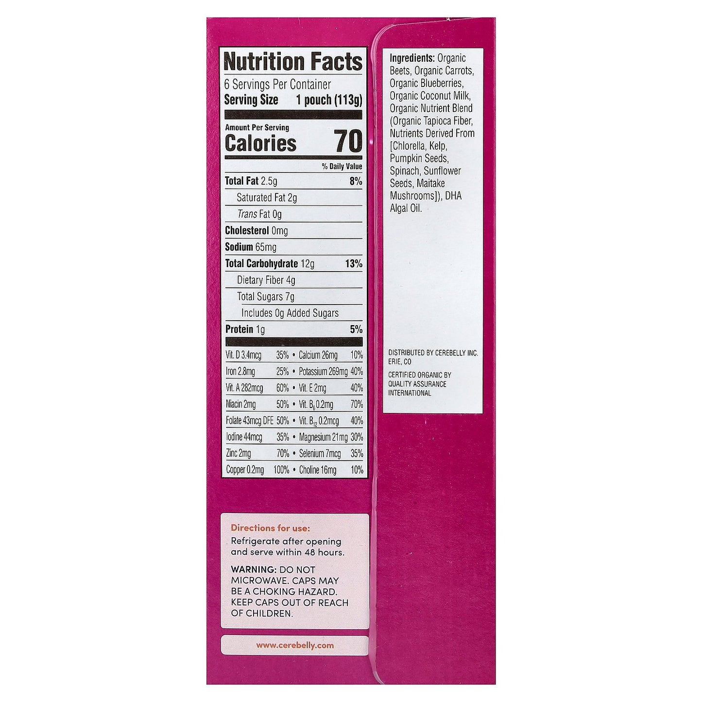 Cerebelly, Organic Puree, 6+ Months, Beet, Carrot, Blueberry with Coconut Milk, 6 Pouches, 4 oz (113 g) Each