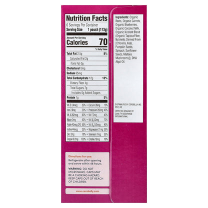 Cerebelly, Organic Puree, 6+ Months, Beet, Carrot, Blueberry with Coconut Milk, 6 Pouches, 4 oz (113 g) Each