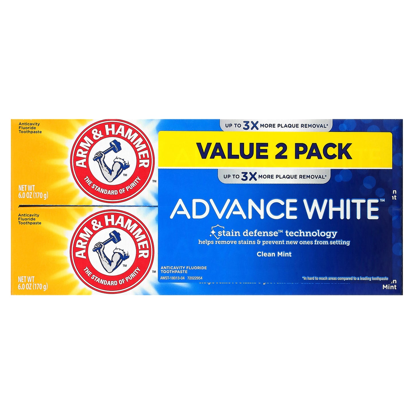 Arm & Hammer, Advance White, Anticavity Fluoride Toothpaste, Clean Mint, Twin Pack, 6 oz (170 g) Each