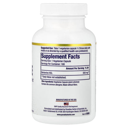 Paradise Herbs, Berberine, 500 mg, 180 Vegetarian Capsules