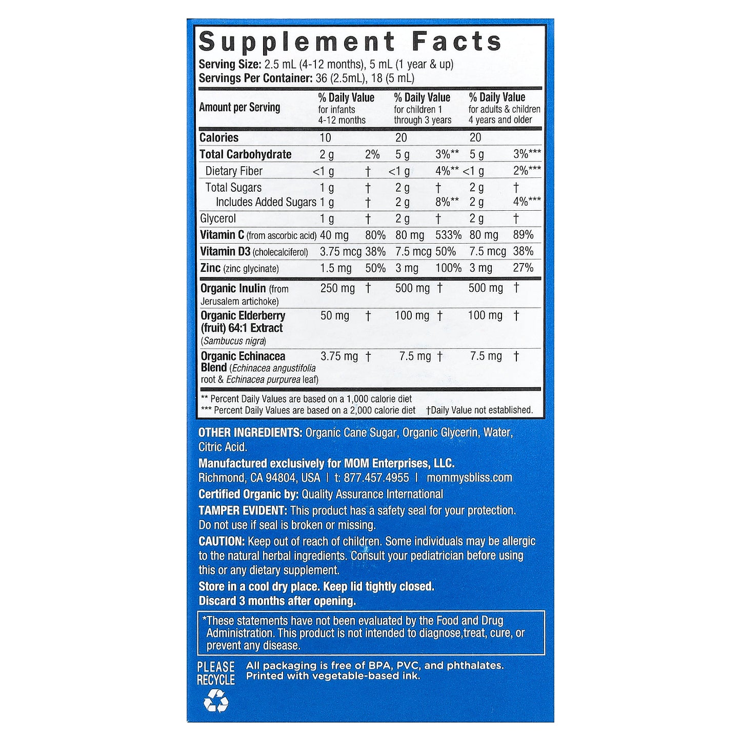 Mommy's Bliss, Organic Baby Immunity Drops With Elderberry, Age 4 Months+, 3 fl oz (90 ml)