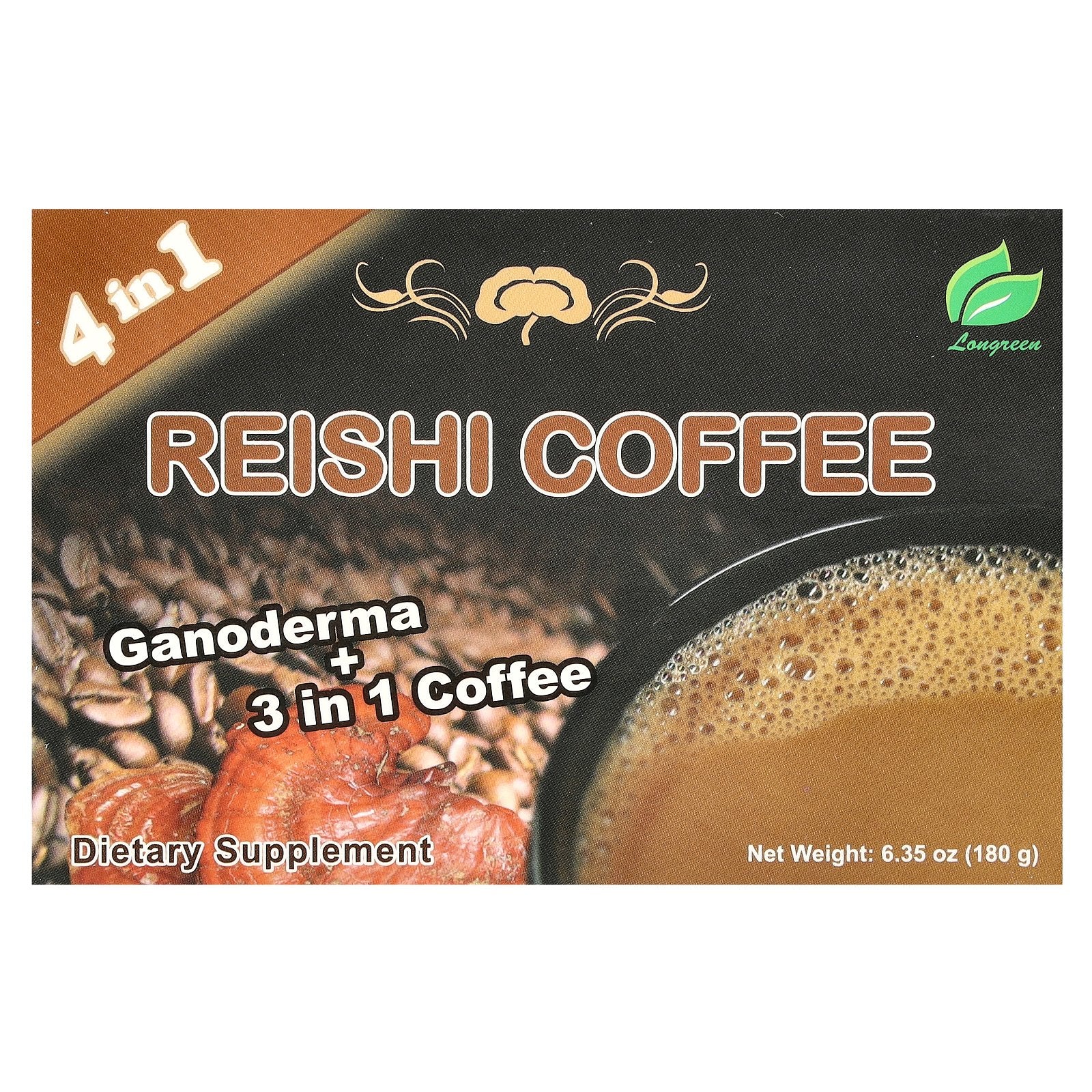 Longreen, 4 in 1 Reishi Coffee, 10 Sachets, 6.35 oz (180 g)