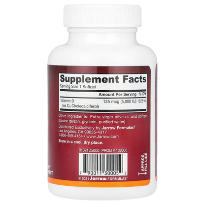 Jarrow Formulas, Vitamin D3, 125 mcg (5,000 IU), 100 Softgels