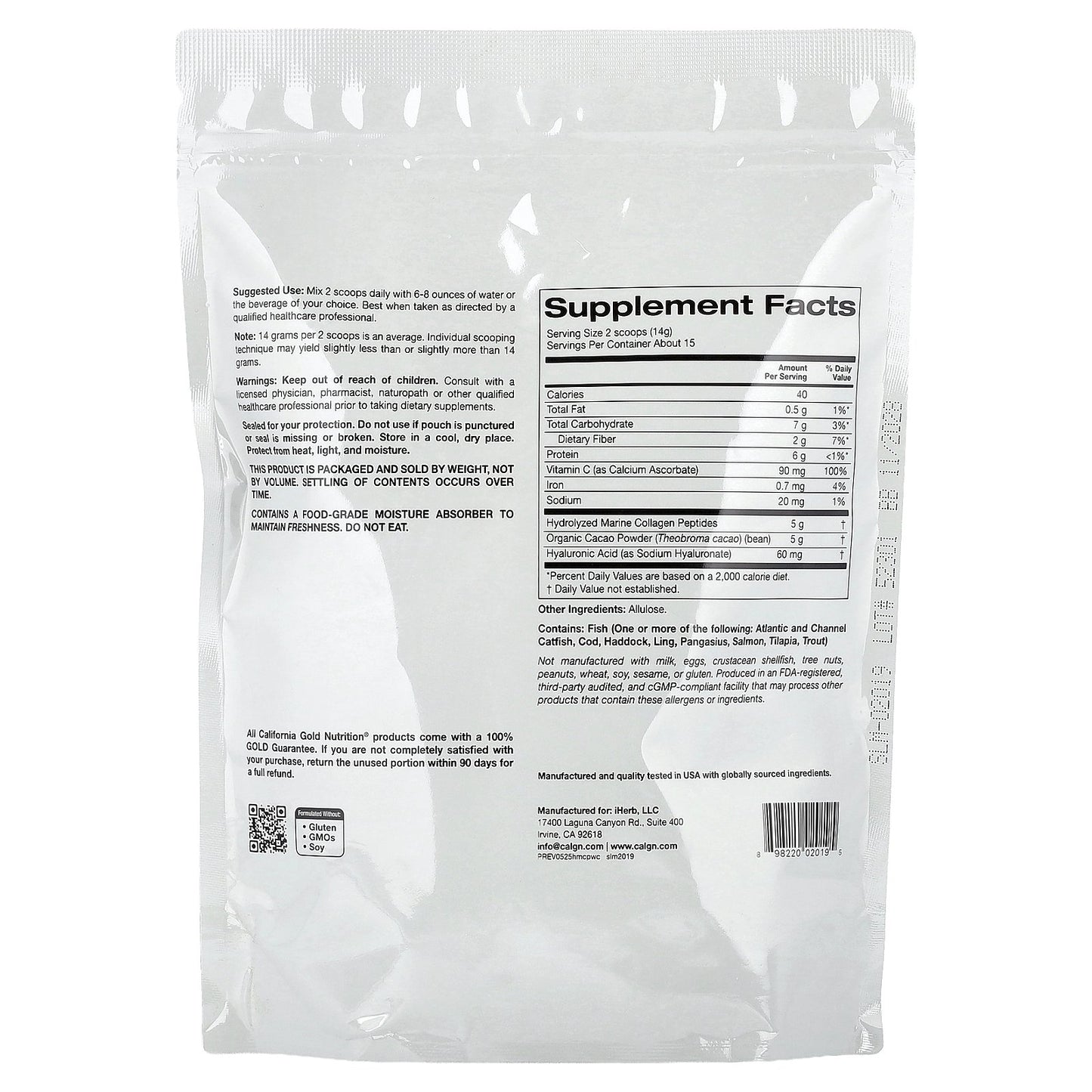 California Gold Nutrition, Hydrolyzed Marine Collagen Peptides with Cocoa, 7.3 oz (206 g)