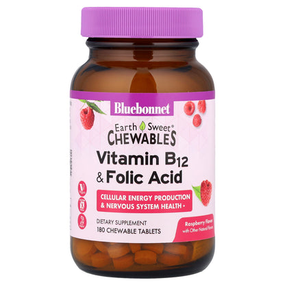 Bluebonnet Nutrition, EarthSweet® Chewables, Vitamin B-12 & Folic Acid, Raspberry, 180 Chewable Tablets