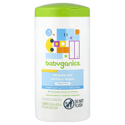 Babyganics, All Purpose Surface Wipes, Fragrance Free, 75 Wipes