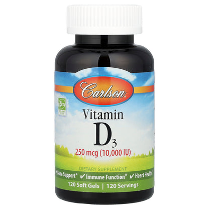Carlson, Vitamin D3, 250 mcg (10,000 IU), 120 Soft Gels