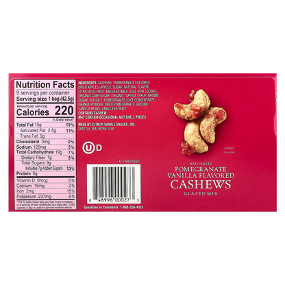 Sahale Snacks, Glazed Mix, Naturally Pomegranate Vanilla Cashews, 9 Packs, 1.5 oz (42.5 g) Each